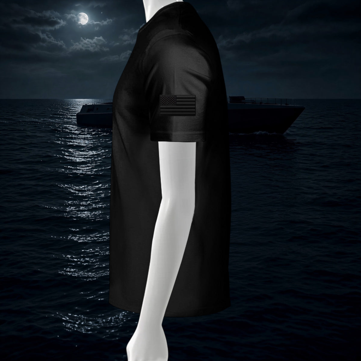 Better Grab A Beer black moisture-wicking performance crew shirt with a tactical flag patch on the sleeve