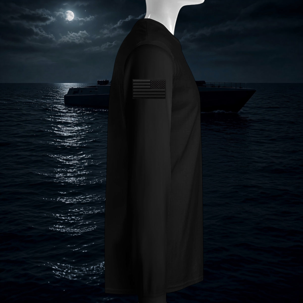 Better Grab A Beer black long-sleeve performance crew shirt with American flag patch on sleeve against ocean backdrop