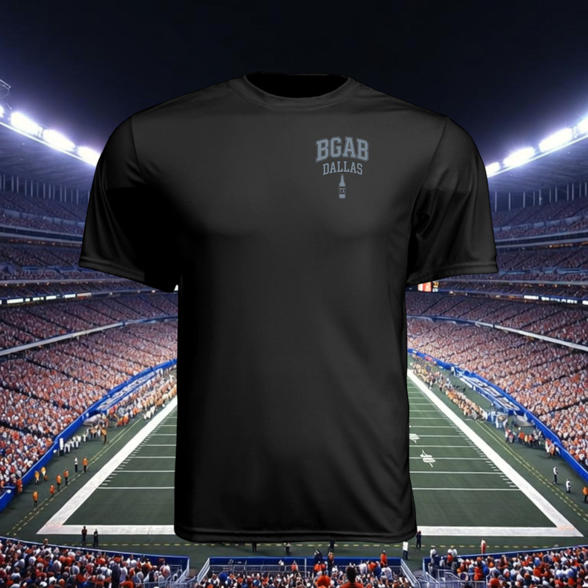 Better Grab A Beer black moisture-wicking performance crew neck t-shirt with BGAB Dallas logo on a stadium background