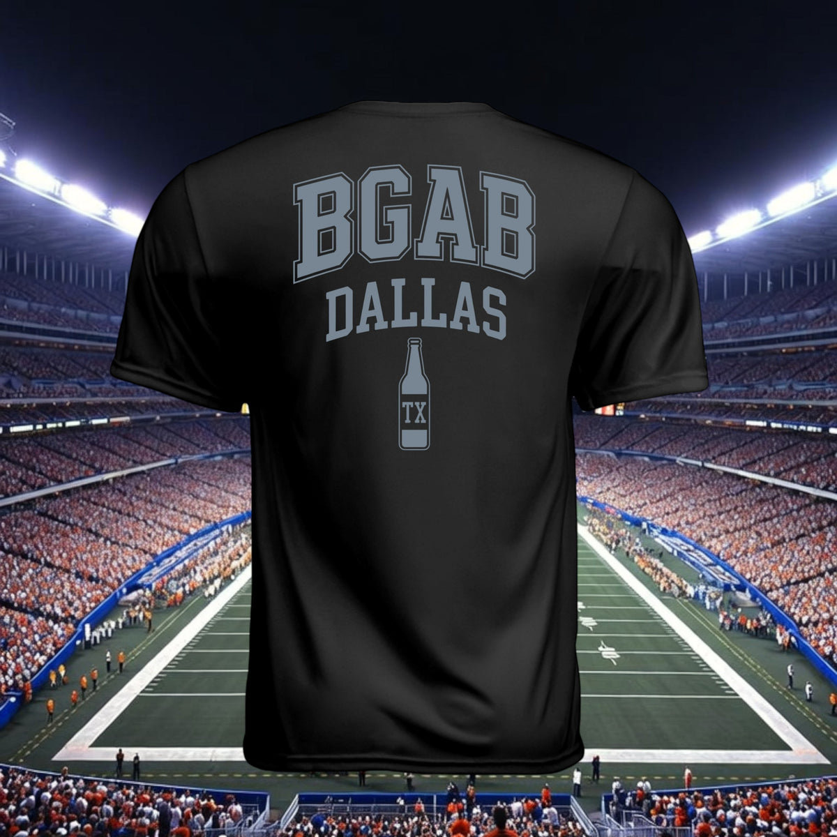 Better Grab A Beer black performance t-shirt with BGAB Dallas beer bottle graphic, back view in a stadium setting.