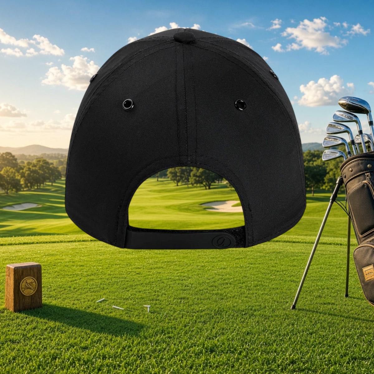 Better Grab A Beer black performance rope hat back view with rubberized hook-and-loop strap on a golf course background