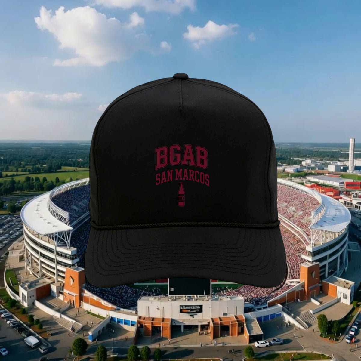 Better Grab A Beer black performance rope hat with BGAB San Marcos embroidery, featuring a structured five-panel fit.