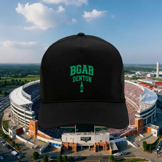 Better Grab A Beer black five-panel rope hat with green BGAB Denton bottle embroidery and pre-curved visor