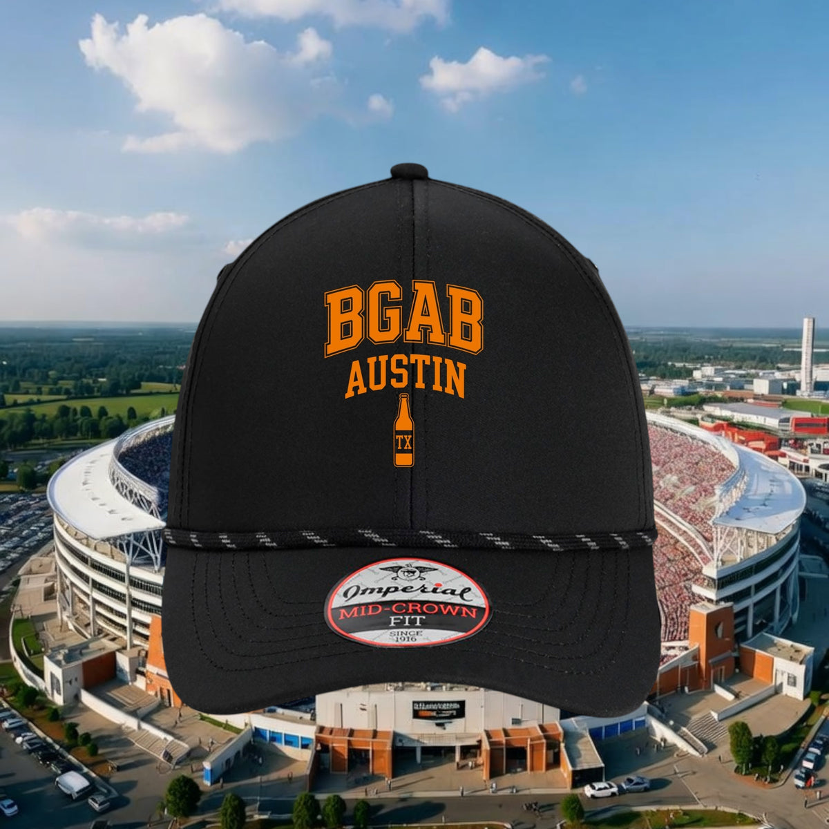 Better Grab A Beer black performance rope hat with orange BGAB Austin bottle graphic and pre-curved visor