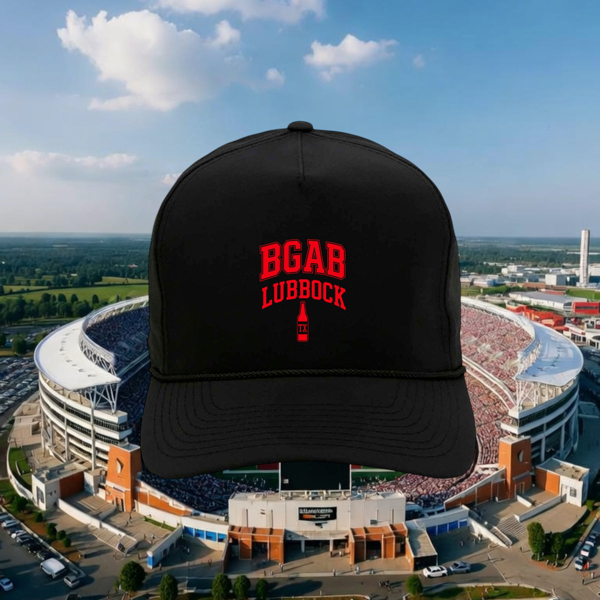 Better Grab A Beer black performance rope hat with red BGAB Lubbock bottle graphic and pre-curved visor