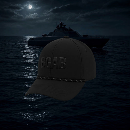 Better Grab A Beer black performance rope hat with BGAB logo, featuring a structured six-panel design and curved visor.