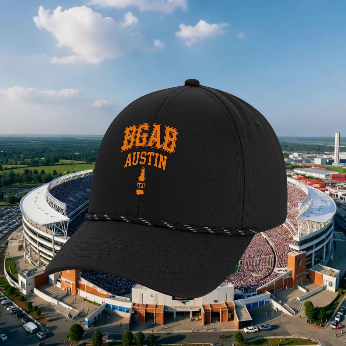 Better Grab A Beer black performance rope hat with orange BGAB Austin bottle embroidery and pre-curved visor