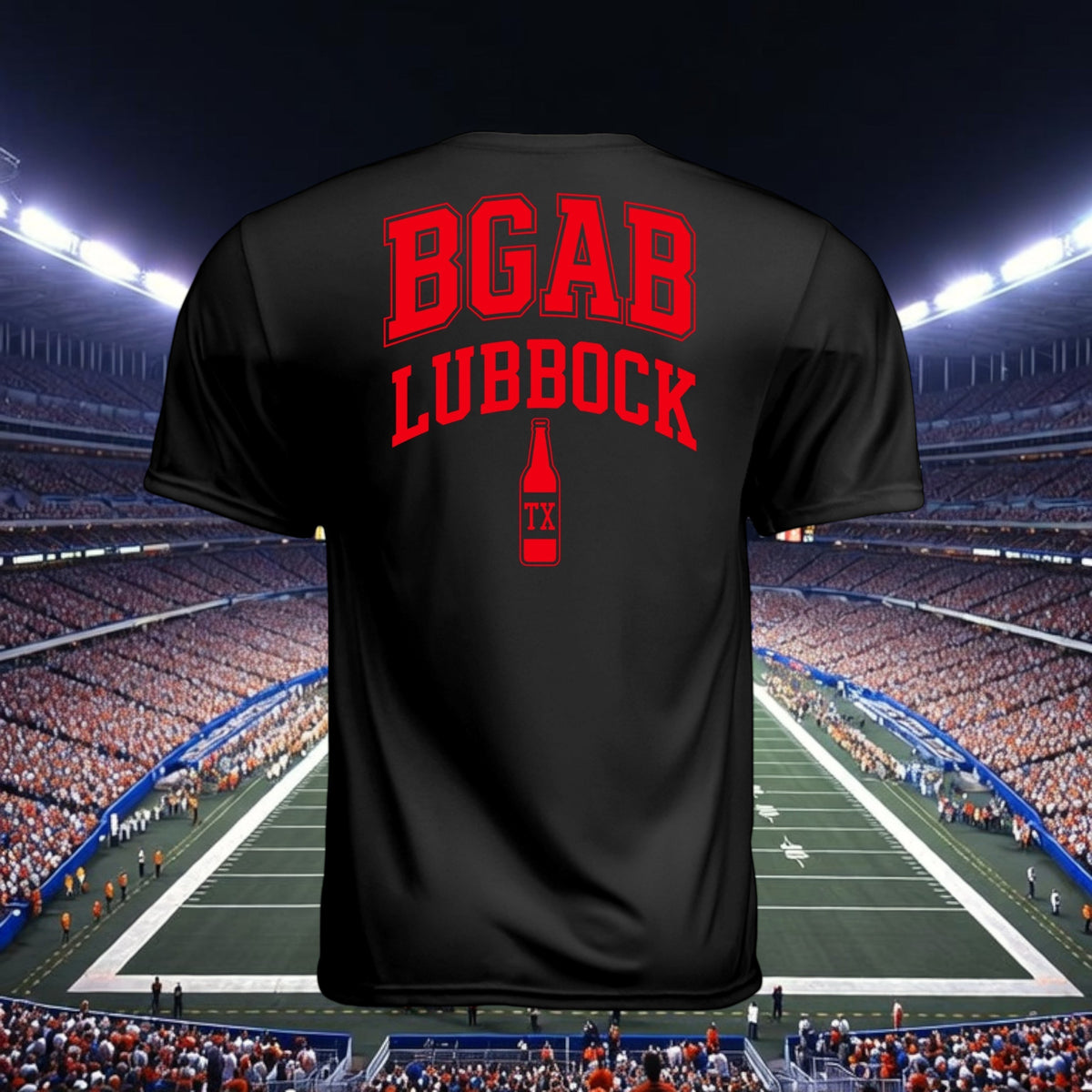 Better Grab A Beer black moisture-wicking polyester t-shirt with red BGAB Lubbock graphic on back in stadium setting