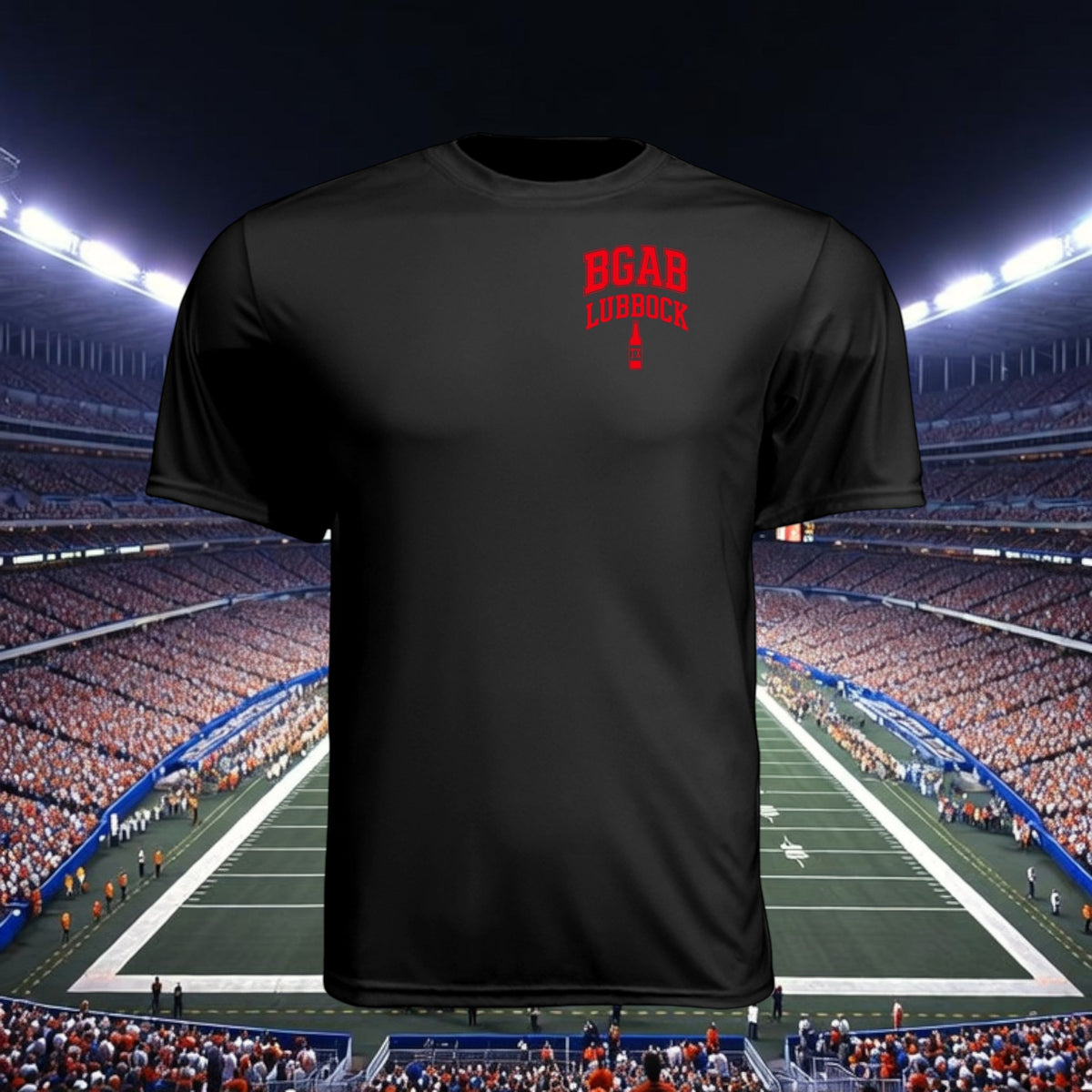 Better Grab A Beer black moisture-wicking polyester sports t-shirt with red BGAB Lubbock logo in a stadium setting