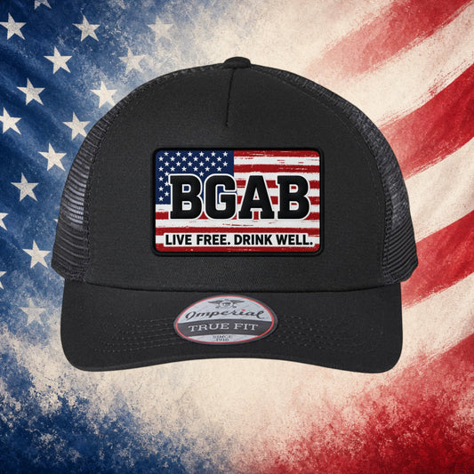 Better Grab A Beer black trucker hat with a structured five-panel design, mesh back, and American flag BGAB patch.