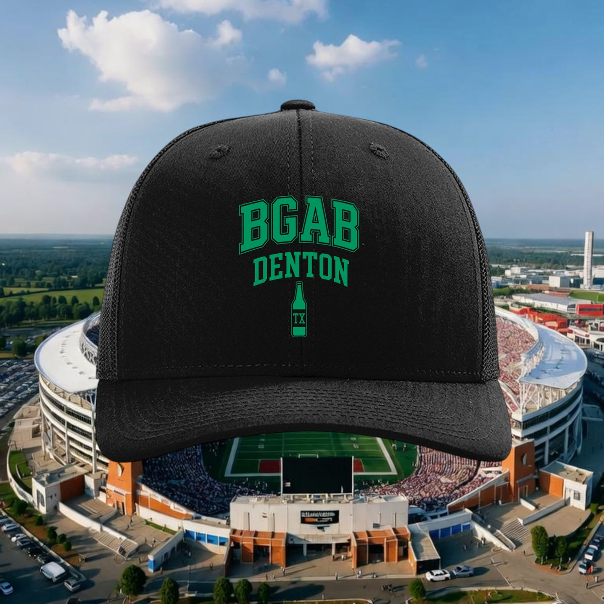 Better Grab A Beer black six-panel trucker hat with green BGAB Denton logo and bottle graphic, snapback closure