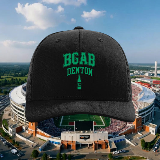 Better Grab A Beer black six-panel trucker hat with green BGAB Denton logo and bottle graphic, snapback closure