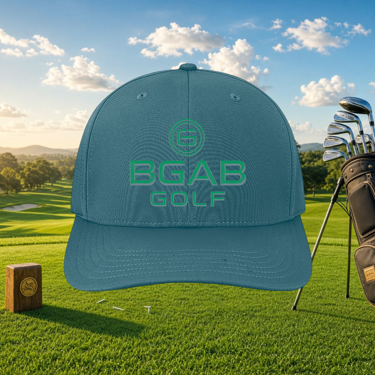 Better Grab A Beer blue structured six-panel golf cap with green BGAB GOLF logo on a sunny golf course background