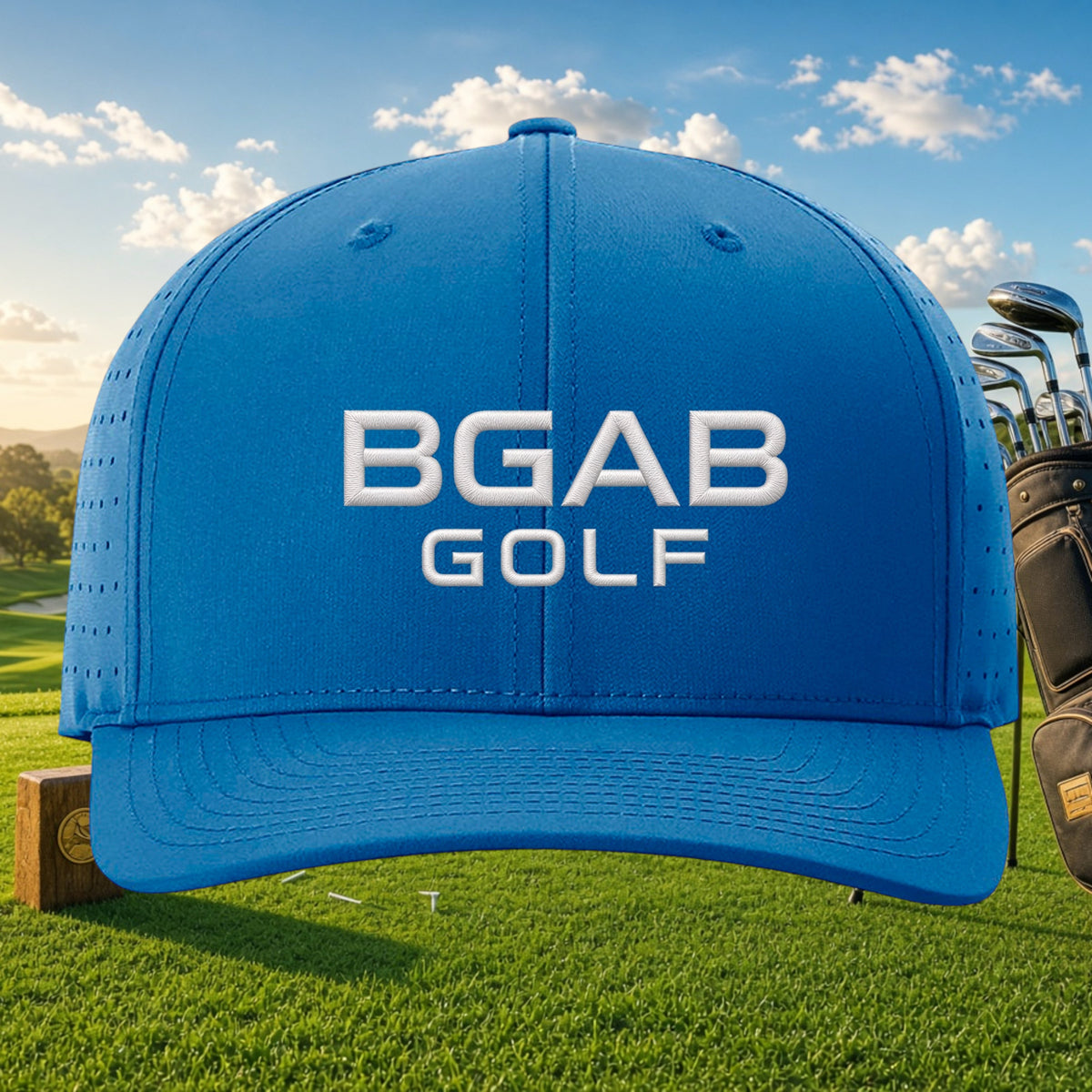 Better Grab A Beer blue performance golf cap with white BGAB GOLF embroidery and laser-cut side ventilation holes.