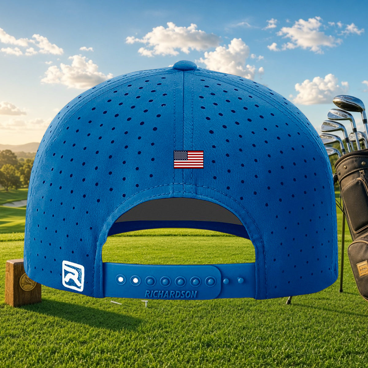 Better Grab A Beer blue performance golf cap with laser-cut ventilation and snapback closure on a golf course