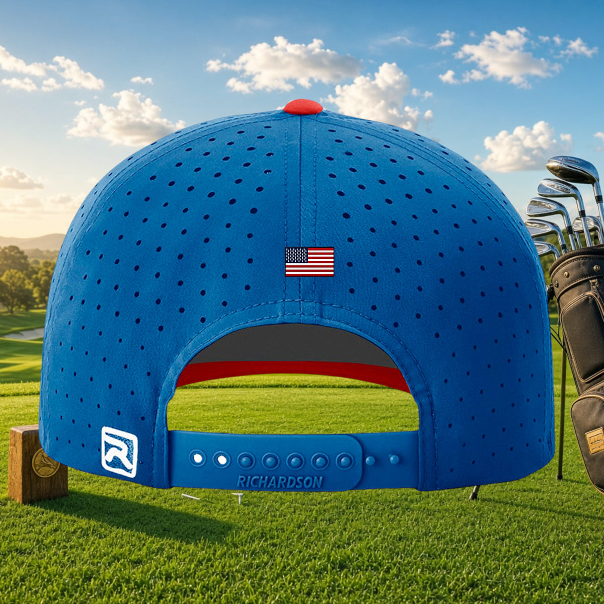 Better Grab A Beer blue performance golf cap with laser-cut perforations, snapback closure, and US flag detail.