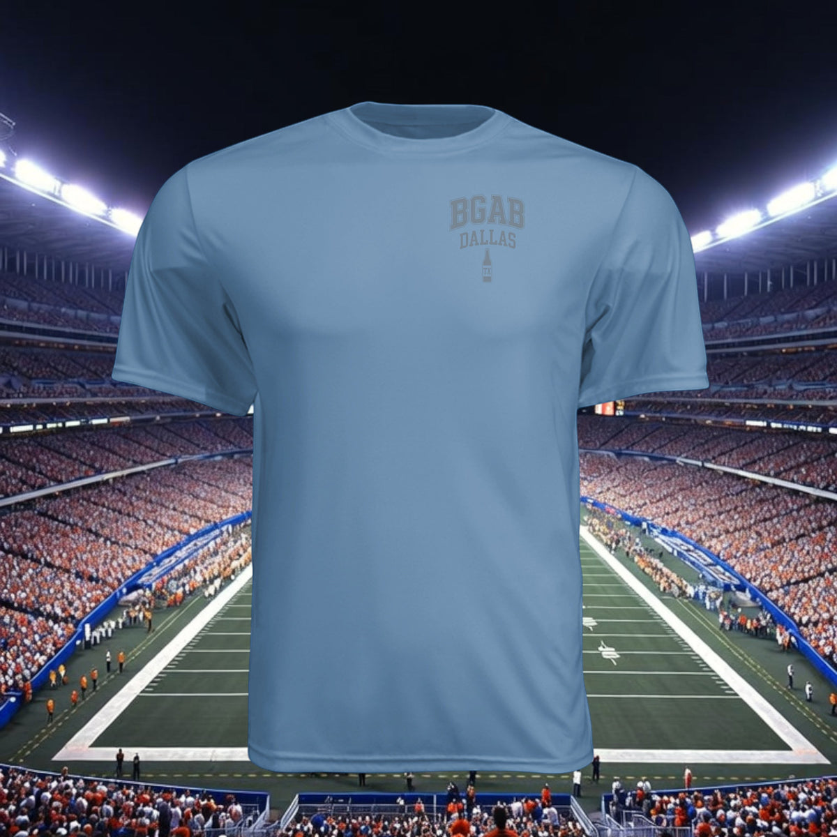 Better Grab A Beer blue moisture-wicking performance crew neck t-shirt with BGAB Dallas logo against a stadium background