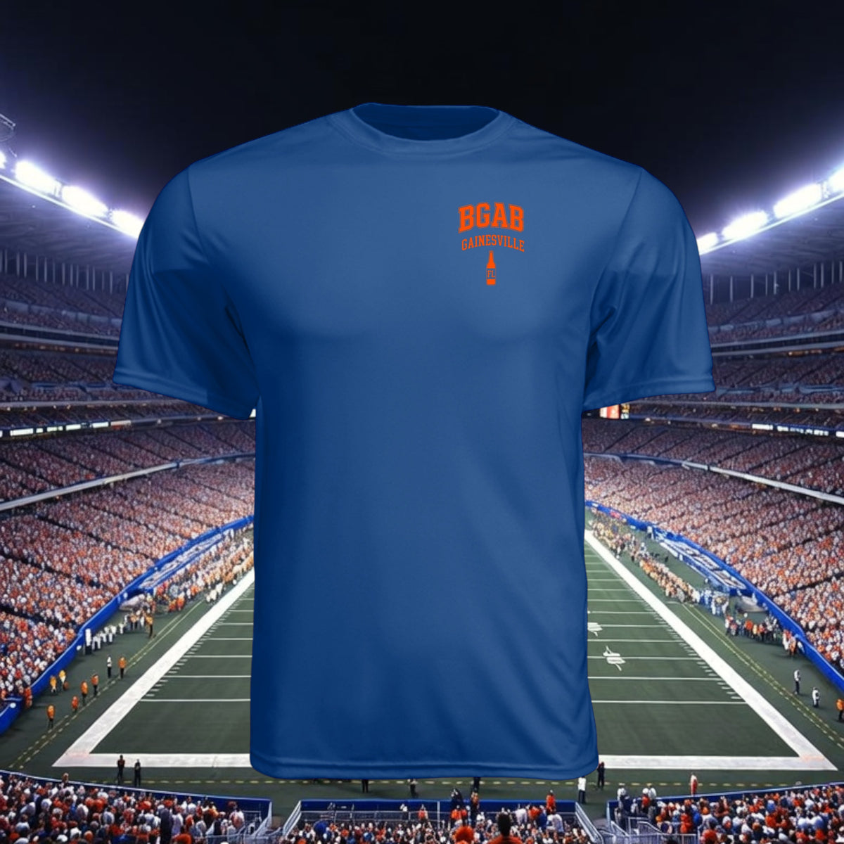 Better Grab A Beer blue moisture-wicking performance crew neck t-shirt with orange Gainesville graphic
