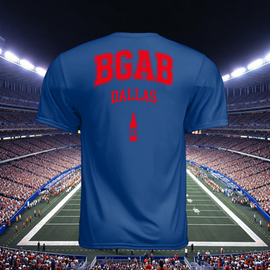 Better Grab A Beer blue performance crew neck t-shirt with red BGAB Dallas graphic on back in a stadium setting