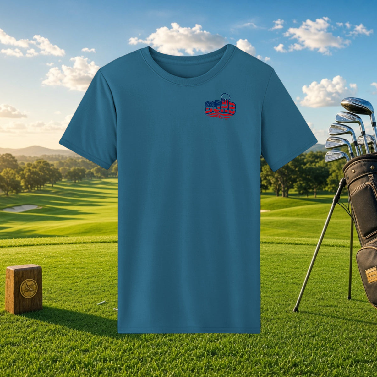 Better Grab A Beer blue performance t-shirt with chest logo, set against a sunny golf course background.