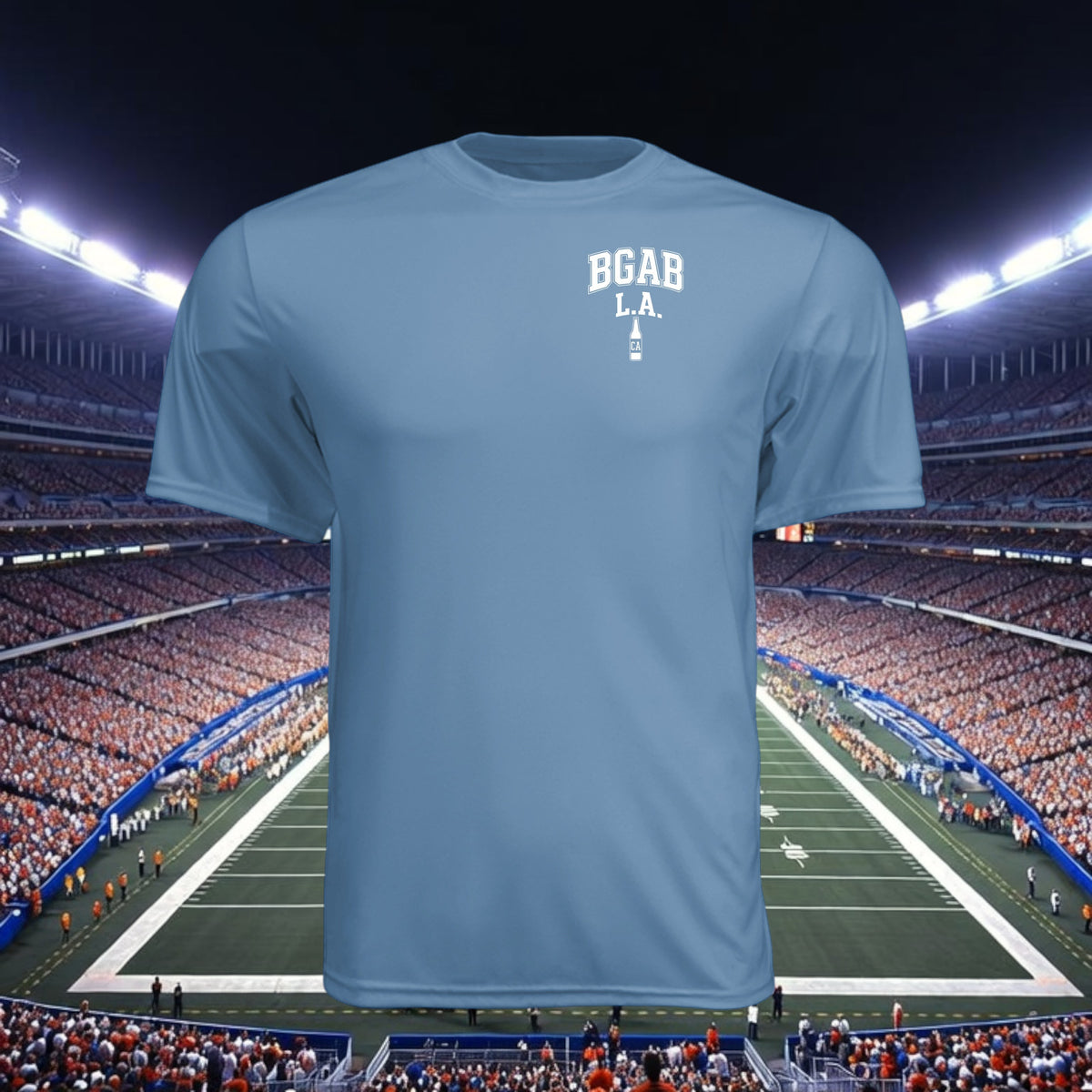 Better Grab A Beer light blue moisture-wicking performance crew neck t-shirt with white L.A. graphic on chest