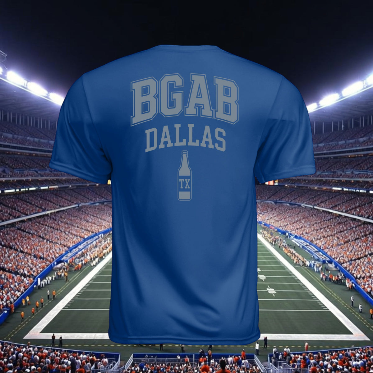 Better Grab A Beer blue performance crew neck t-shirt with BGAB Dallas graphic, back view in a stadium setting.