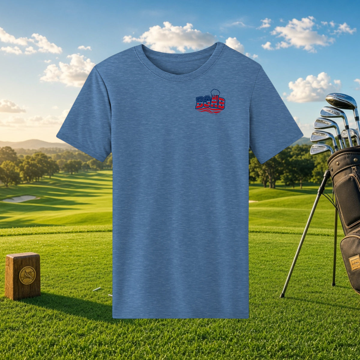 Better Grab A Beer blue moisture-wicking performance t-shirt with logo on a golf course background