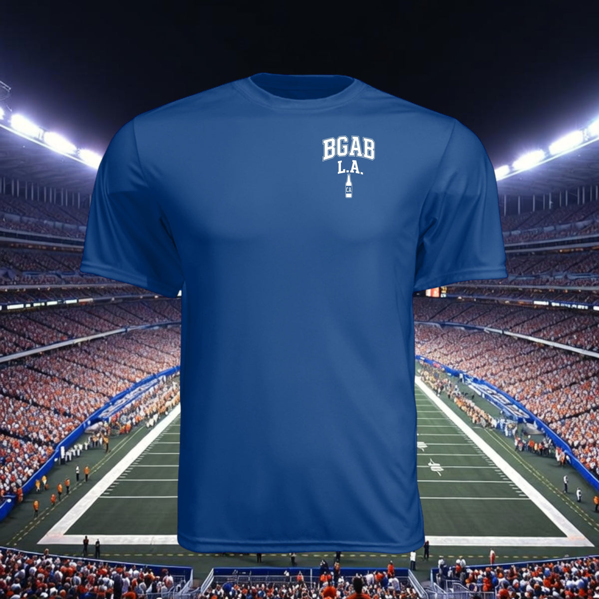 Better Grab A Beer blue moisture-wicking performance t-shirt with white BGAB L.A. logo on a stadium background