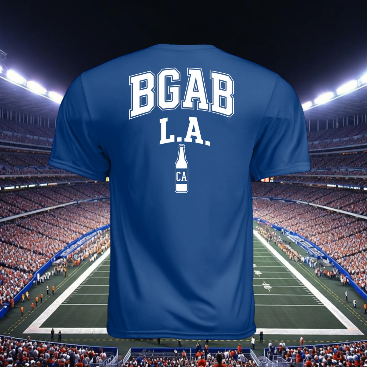 Better Grab A Beer blue performance crew neck t-shirt with white BGAB L.A. graphic on back against stadium background