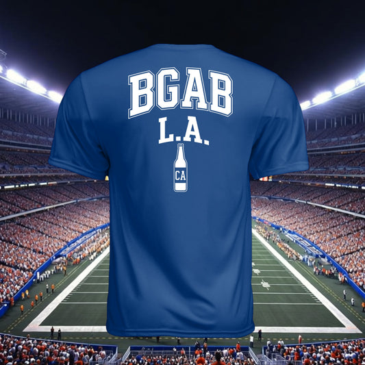 Better Grab A Beer blue performance crew neck t-shirt with white BGAB L.A. graphic on back against stadium background