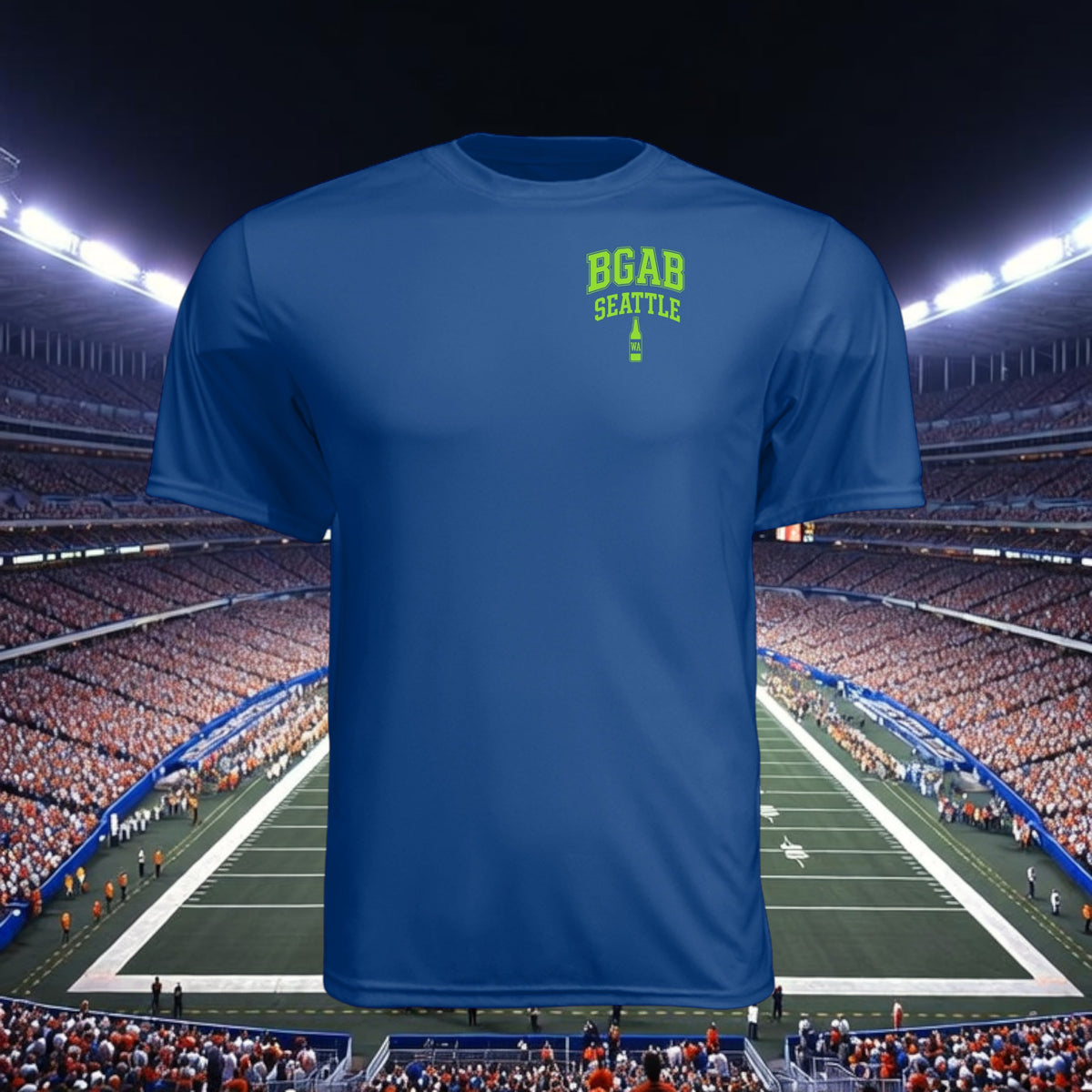 Better Grab A Beer blue moisture-wicking performance t-shirt with green BGAB Seattle logo on a stadium background