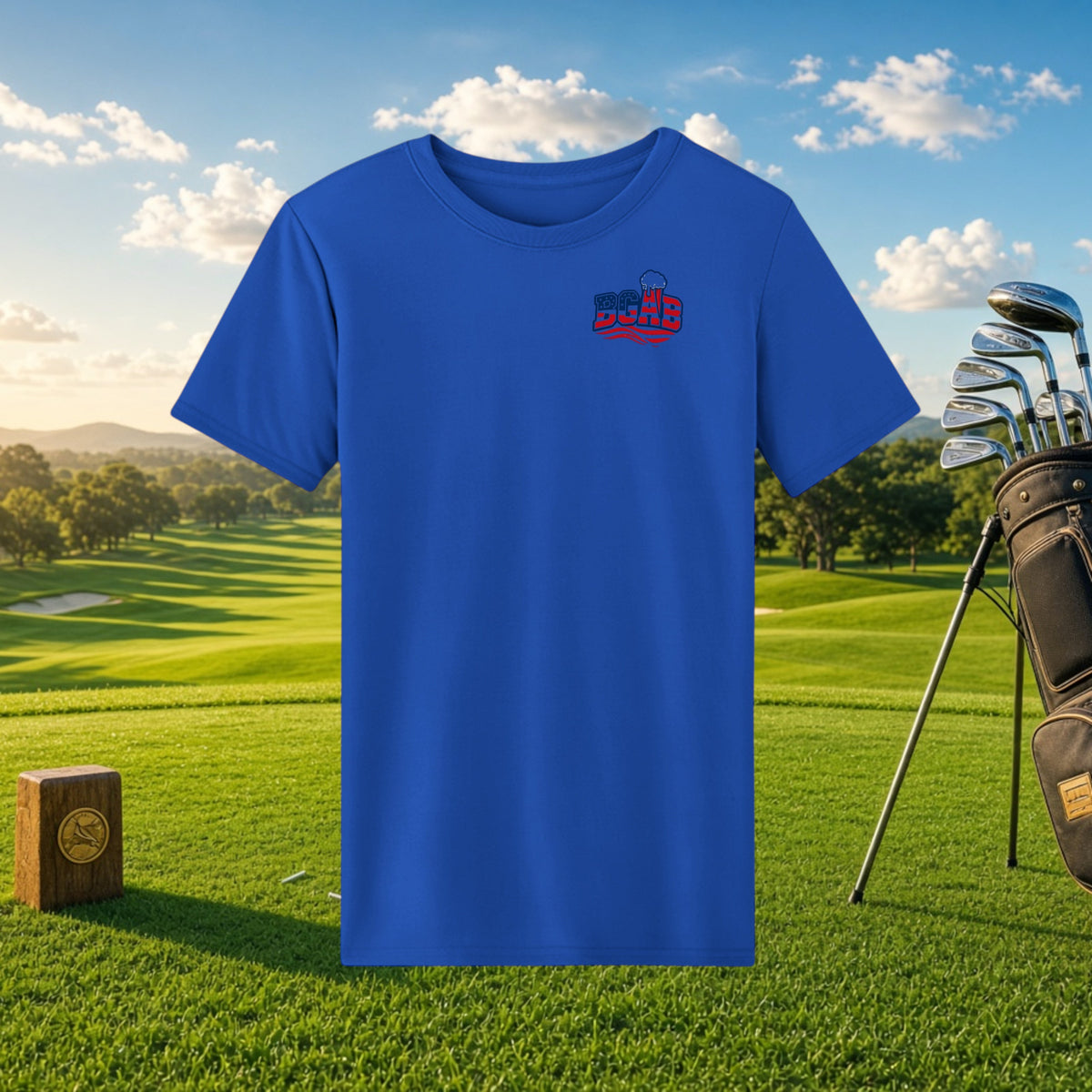 Better Grab A Beer blue performance t-shirt with BGAB logo, featuring moisture-wicking fabric on a golf course background.