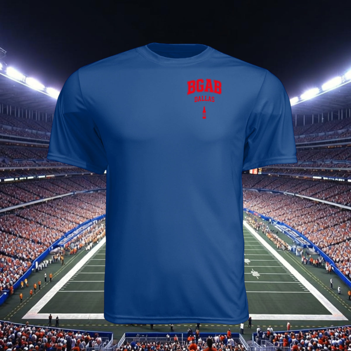 Better Grab A Beer blue moisture-wicking performance t-shirt with red BGAB Dallas logo against a stadium background