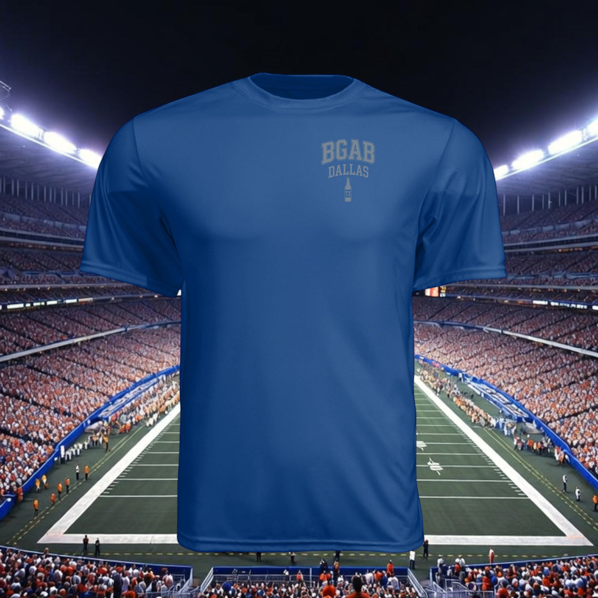 Better Grab A Beer blue performance crew neck t-shirt with BGAB Dallas logo, moisture-wicking athletic fabric.