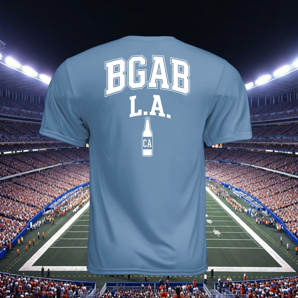 Better Grab A Beer light blue performance crew neck t-shirt with white BGAB L.A. beer bottle graphic on the back