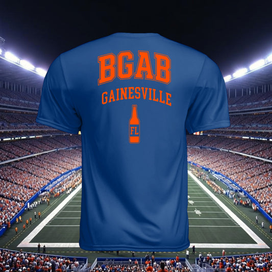 Better Grab A Beer blue moisture-wicking performance t-shirt with orange Gainesville graphic against stadium background
