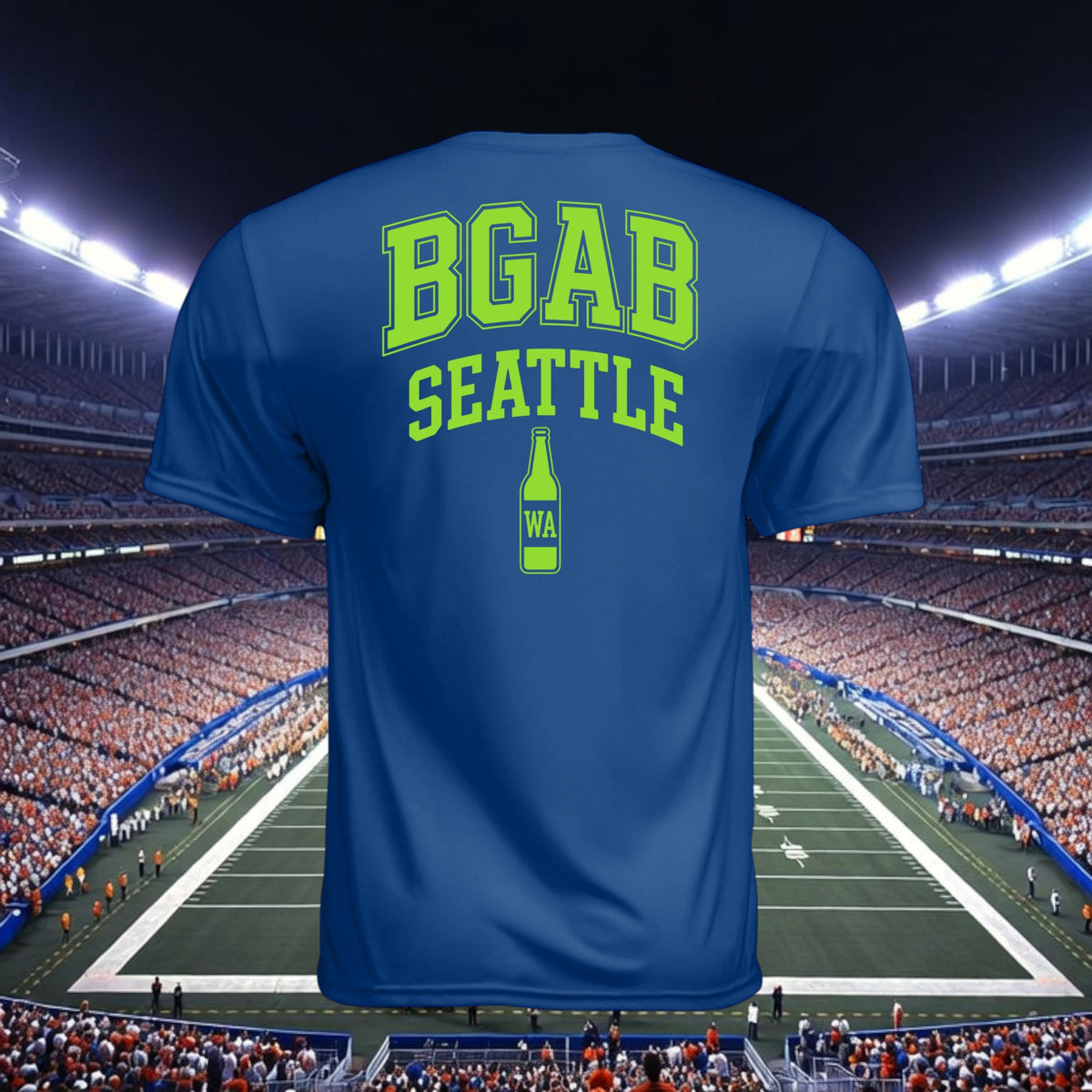 Better Grab A Beer blue performance t-shirt with lime green BGAB Seattle beer bottle graphic on the back