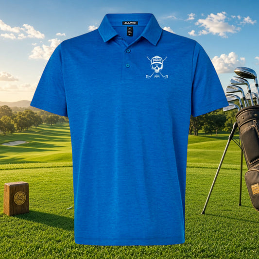 Better Grab A Beer blue heathered polyester golf polo with a white skull and golf club logo on a golf course background