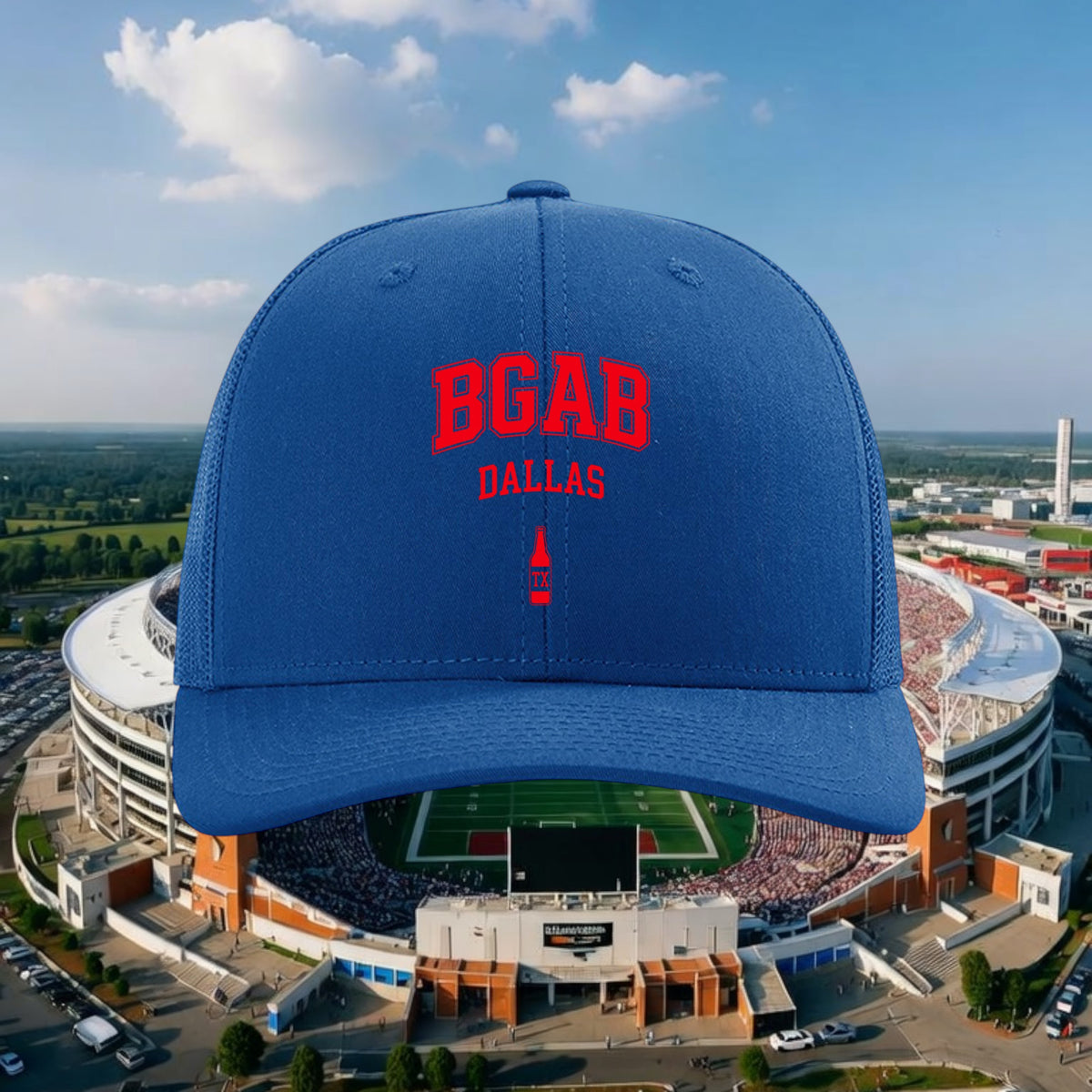 Better Grab A Beer blue Richardson 112 trucker cap with red BGAB Dallas embroidery and adjustable snapback closure