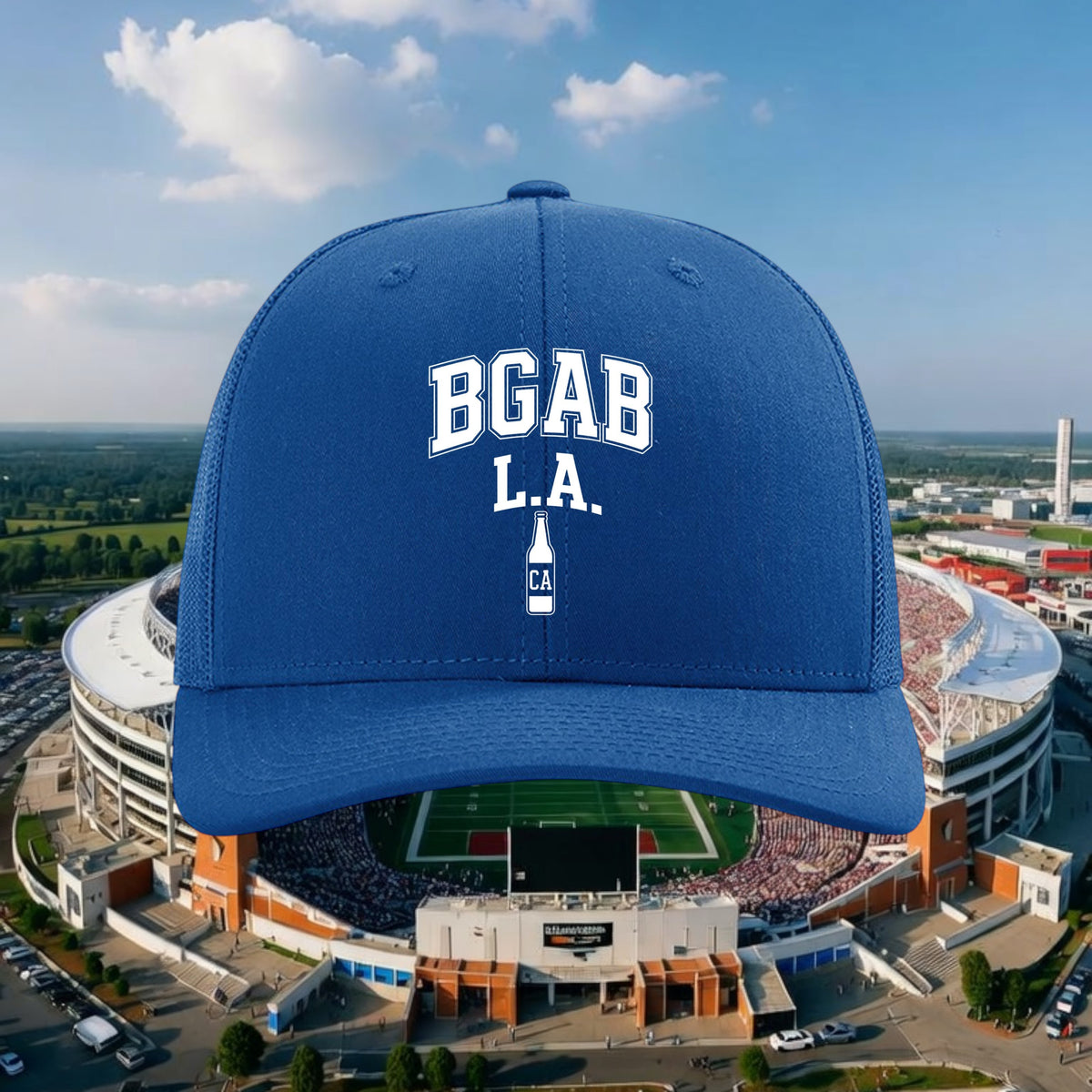 Better Grab A Beer blue six-panel trucker hat with white BGAB L.A. bottle graphic and adjustable snapback closure