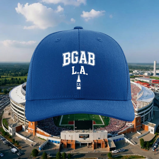 Better Grab A Beer blue six-panel trucker hat with white BGAB L.A. bottle graphic and adjustable snapback closure