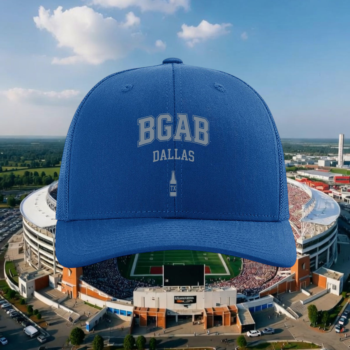 Better Grab A Beer blue six-panel trucker hat with BGAB Dallas logo and mesh back against a stadium background