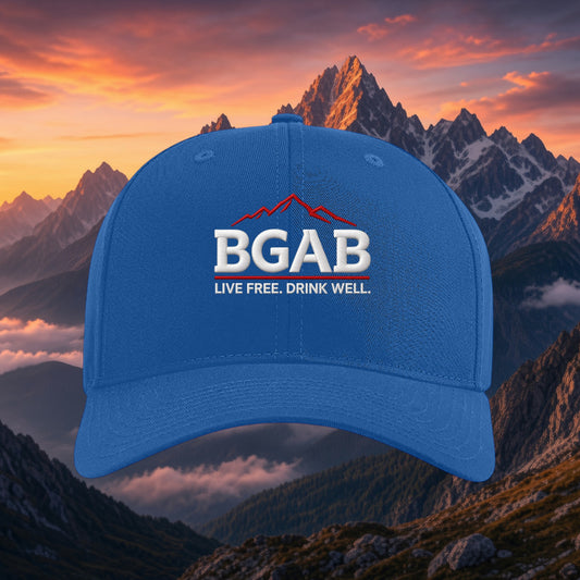 Better Grab A Beer blue six-panel twill snapback cap with embroidered logo against a mountain sunset background