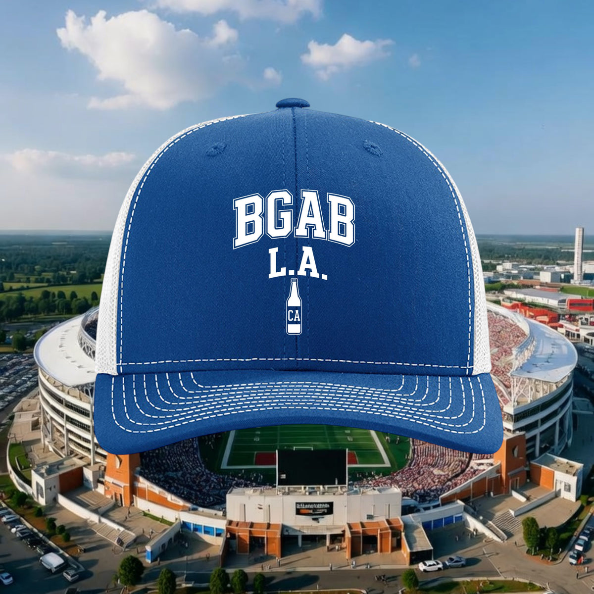 Better Grab A Beer blue and white mesh trucker hat with BGAB L.A. bottle graphic and contrast stitching
