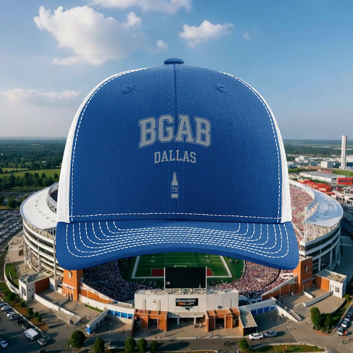 Better Grab A Beer blue and white trucker hat with BGAB Dallas logo and beer bottle graphic, six-panel snapback