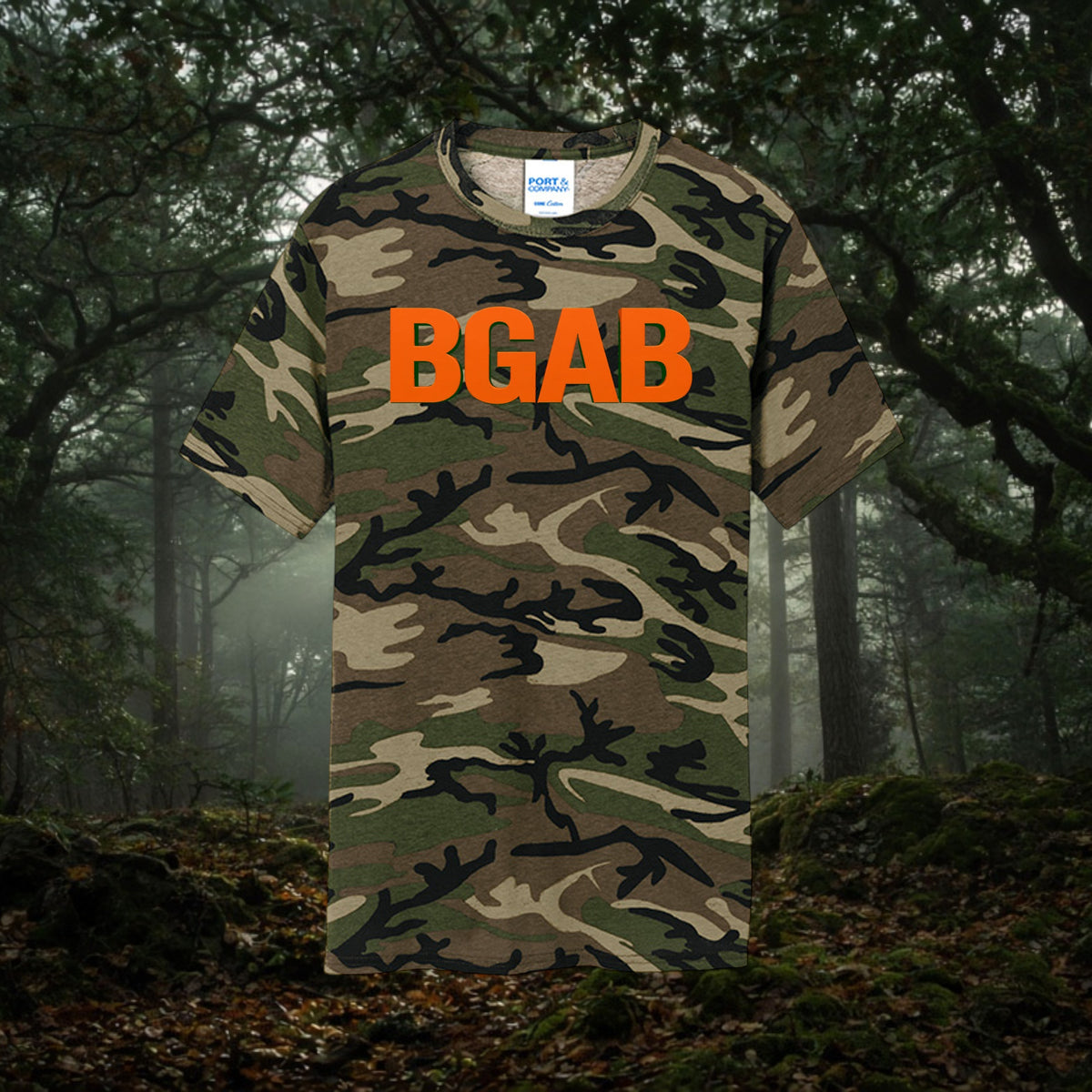 Better Grab A Beer camo cotton t-shirt with orange BGAB logo print and rib knit collar in a forest setting
