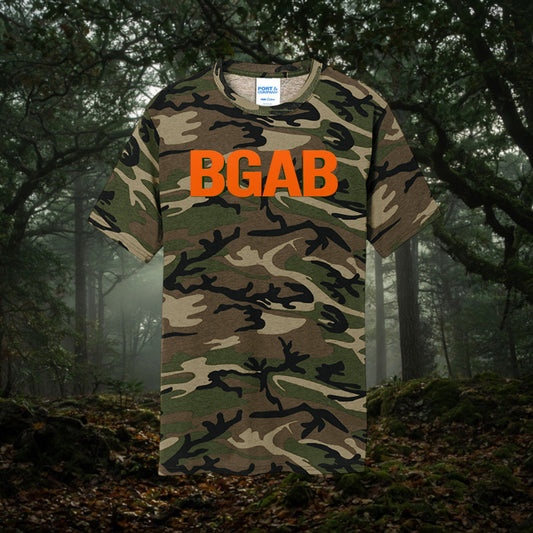Better Grab A Beer camo cotton t-shirt with orange BGAB logo print and rib knit collar in a forest setting