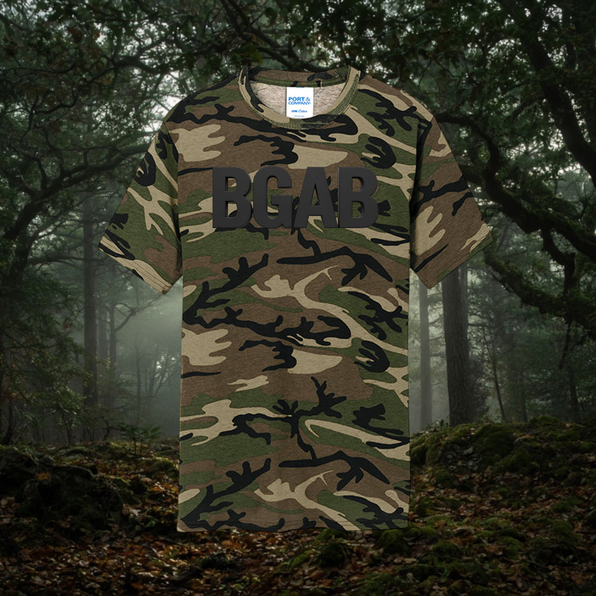 Better Grab A Beer Predator camo cotton t-shirt with black BGAB lettering on a forest background