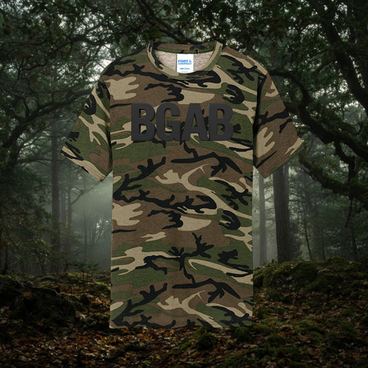 Better Grab A Beer Predator camo cotton t-shirt with black BGAB lettering on a forest background
