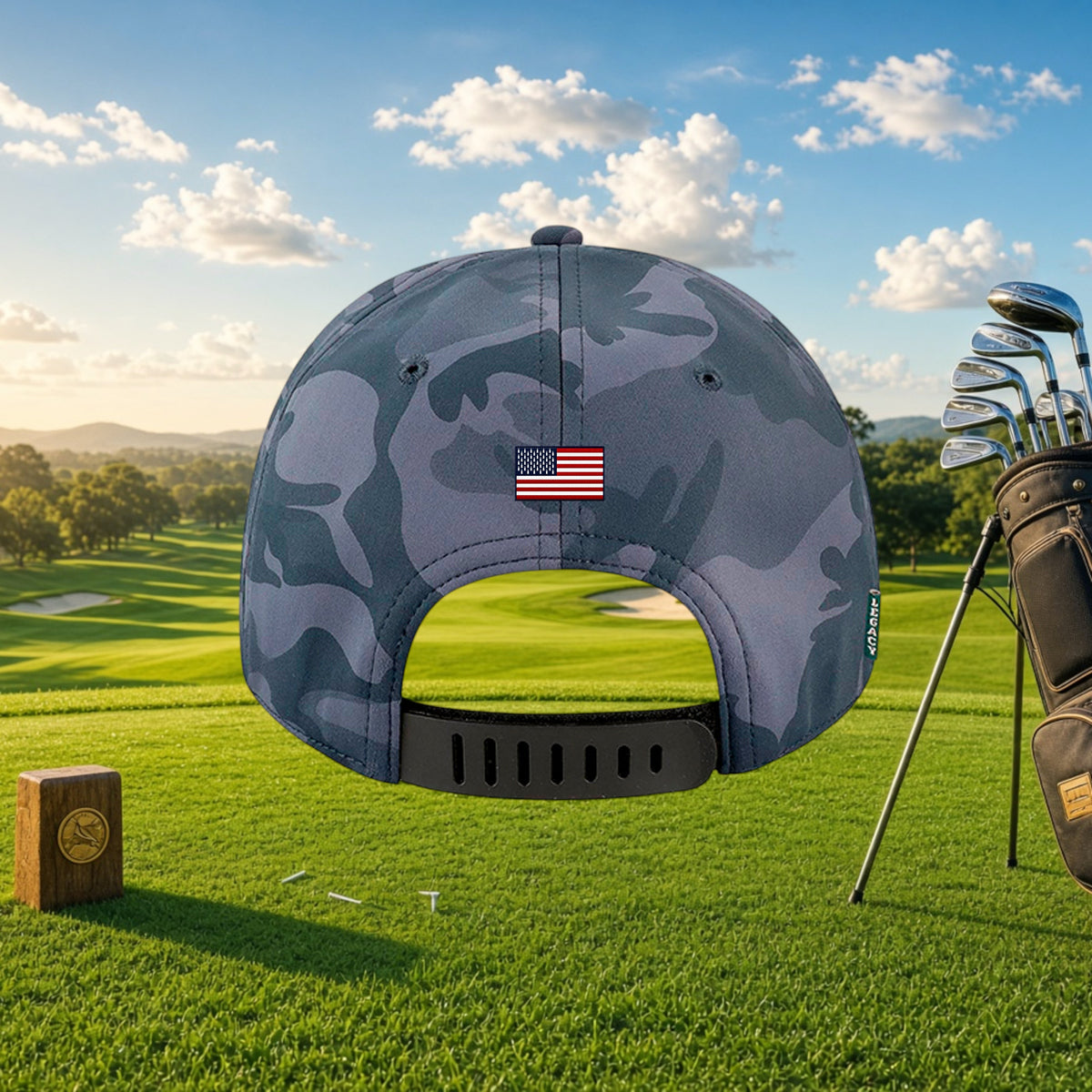 Better Grab A Beer grey camo golf cap with US flag patch and rubber strap closure on a sunny golf course background